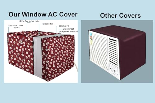 Image of The Furnishing Tree Elastic fit waterproof Polyester window ac cover suitable for Croma 1 Ton, Dustproof cover for inner and outer section, In CM: (48.26x59.69x38.74), Floral Pattern Red White