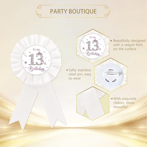 Happy 13th Birthday Tinplate Badge Pin, It's My 13th Birthday Button Pin, Purple Crown White Rosette Happy Birthday Badge Pin for Girl, Diamond Brooch Buttons for Thirteen Birthday Party2