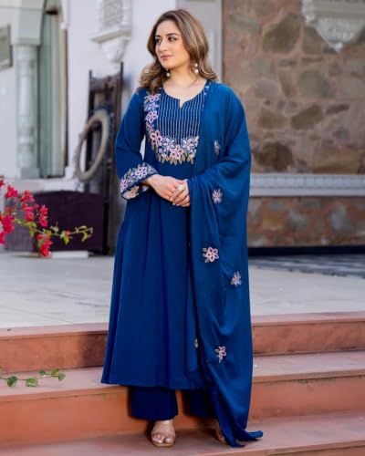 Image of KLOSIA Women's Embroidered A-Line Kurta Set with Dupatta | Floral Embroidery Ethnic Suit Set | Kurta Pant Set for Women | Festive, Wedding