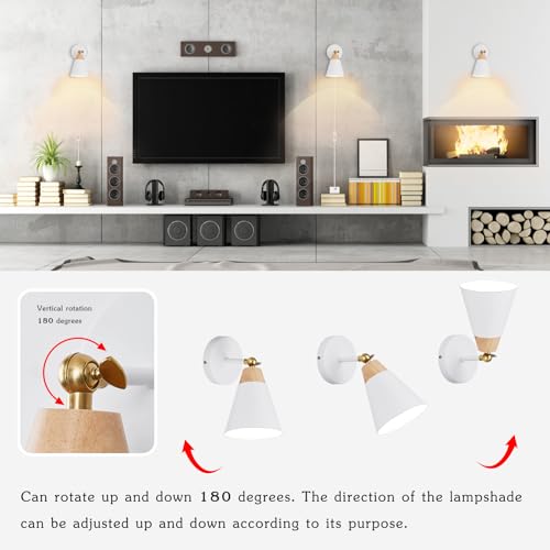 Image of Wall Sconce Set of 2, Wall Sconce with Metal Shade, Plug Switch, Indoor Decor Wall Mount Swing Arm Lamp for Bedroom,Hallway,Living Room,Reading, White