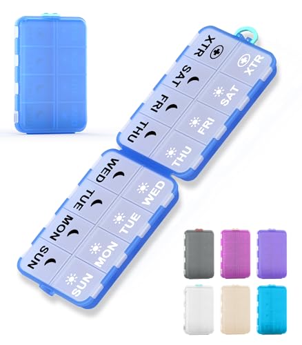 Image of Pill Organizer Travel Medicine Organizer - Weekly Pill Organizer with 2 Extra Compartments, Clear Printed Labels, AM PM Pill Dispenser