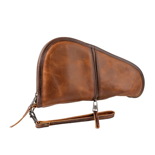 STS Ranchwear Tucson Pistol Case, Durable Genuine Full Grain Waxed Leather Padded Hunting Range Shooting Pistol Concealed Carry Storage Pouch w/Zip Around Closure, Pockets & Wrist Strap, STS34295