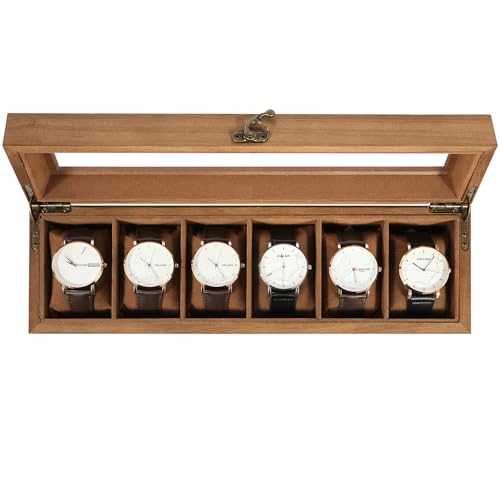 Uten Boîte à Montres 6 Compartiments, Coffret à montres en Bois, Couvercle en Verre, Coffret de Rangement pour Montres pour Hommes et Femmes, Coussinets Coton de Soie, Doublure Marron, Idée Cadeau