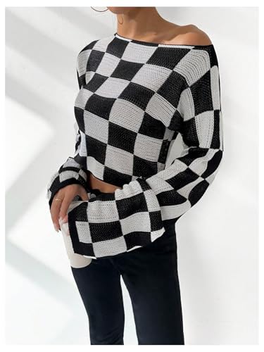 SOLY HUX Women's Plaid Sweater Checkered Print Off Shoulder Drop Shoulder Long Sleeve Pullover Crop Tops3