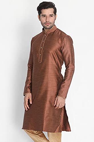 Image of VASTRAMAY VM Mens Silk Blend Kurta - Timeless Elegance for Festivals & Events | Banarasi Cotton with Silk Dobby Jacquard Mandarin Collar Full Sleeves Kurta with a Contrast Piping