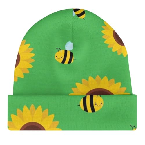 Cute Bee and Sunflower Pattern Kids Beanie Hat for for Girls Boys Children Cap Winter Knitted Chemo Cancer Headwear Accessories Gifts Decoration Black4