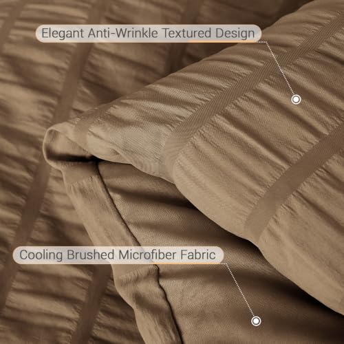 Image of MUXHOMO 7 Pieces Oversized Queen Comforter Set, Seersucker Bed in a Bag Oversized Queen Size, All Season Luxury Bedding Set with Comforter, Flat Sheet, Fitted Sheet, Pillowcases & Shams, Brown