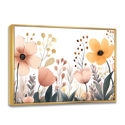 Pastel Botanical Flowers Framed Wall Art Canvas Print Beige Blush Leaves Modern Minimal Large for Living Room Bedroom Nursery Dining Room Hallway Entryway Office Ready to Hang(16"X24"Gold-Frame)