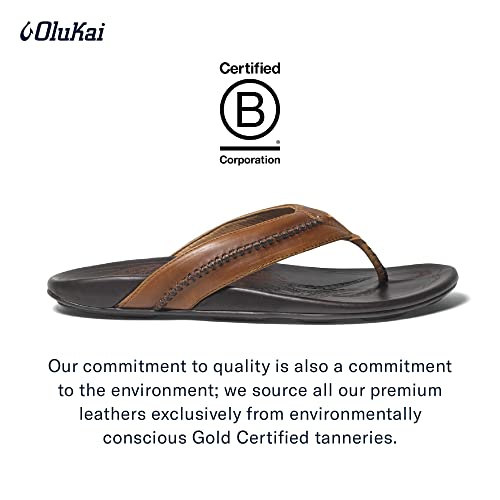 Olukai Mea Ola Men's Beach Sandals, Premium Leather Flip-Flop Slides, Compression Molded Footbed & Comfort Fit, Laser-Etched Design, Tan/Dk Java, 10 #TOP3