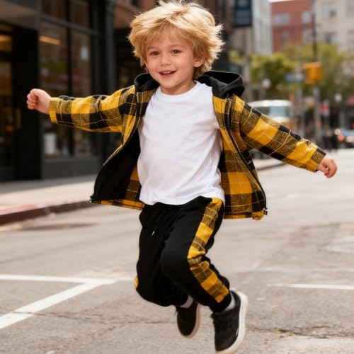 Image of OLMRJKD Toddler Baby Boy Clothes Plaid Long Sleeve Hoodie Sweatshirt + Pants 2pcs Boys Outfit Set