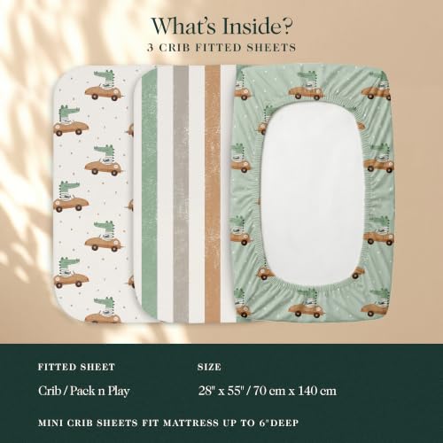 Image of 100% Organic Cotton Baby Crib Sheets (3-Pack) - GOTS Certified, Soft Fitted Sheets for Mini Mattress & Pack n Play, 5 inch Deep Pocket with Secure Elastic Fit, Boys & Girls, 28 inch x 55 inch (Croc Race)