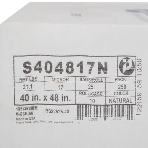 Image of Inteplast Group S404812N 40-45 Gallon Capacity, 48 inch Length x 40 inch Width x 12 Mic Thickness, Natural Color, HDPE Commercial Coreless Institutional Trash Can Liner (Case of 10 Roll, 25 Bags per Roll)
