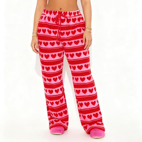 Image of Valentine's Day Flannel Pants Women's Romantic Heart Print Elastic Drawstring Waistband Wide Leg Loose Fit Trousers
