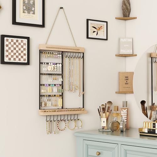 Feyejade Hanging Jewelry Organizer, 5-Tier Wall Earring Holder with Wooden Ring Groove, Jewelry Rack Wall Mounted for Earrings, Necklaces, Bracelets and Rings, Jewelry Holder Stand, Black - Thumbnail 2