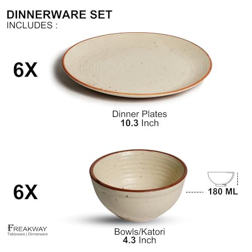 Image of Freakway Ribbed Ceramic Dinner Plates 10 Inch with Bowls Set of 12 Pieces | 6 Dinner Plates & 6 Bowl /katori | Dishwasher & Microwave Safe - Off White