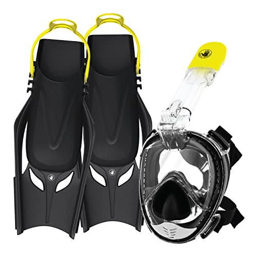 BODY GLOVE - Free Breathing Snorkel Full FACE MASK Set-with FINS-Travel Bag-Anti Fog-Anti Leak-Panoramic View-Camera Mount-Open Water-Scuba Diving-Snorkeling Gear