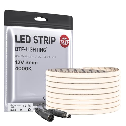 Image of BTF-LIGHTING 3mm Width Ultra Thin FCOB COB LED Strip,UL Listed Natural White 4000K Super Narrow Uniform Light,16.4FT DC12V CRI90+ LED Tape Light for Home Indoor DIY Lighting(No Adapter or Controller)