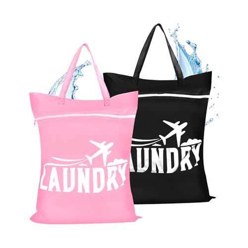 2 Stück Große Wäschesäck Reise, Wasserdichte Wäschebeutel mit Griff, Nassbeutel, Schmutzwäschebeutel für Nasse & Trockene Kleidung, Fitness, Schwimmbad, Yoga, Studentenwohnheim (Schwarz & Rosa)