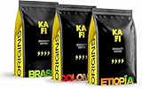 KAFI Café en Grano de Especialidad Pack Top Ventas (Brasil, Colombia, Etiopía) 750g (3x250g) - 100% Arábica Natural - Notas de Chocolate, Nuez y Frutas - Ideal Cafetera Superautomática y Molinillo