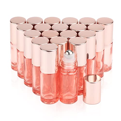 1/6 oz Pink Essential Oil Roller Bottle,20 Pcs Empty Glass Roll-On Vial with Stainless Steel Roller Ball,Rose Gold Lid,Portable Sample Container for Oils-Opener&Dropper Included