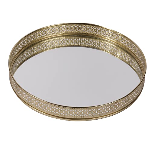 Image of Craft Brio -A TRENDY HANDICRAFTS Round Glass Mirror Gold Plated Tray Decorative Vanity Perfume Storage Pooja Wedding Gifting Display Laser Cutting Trays (25 X 3 H cm)