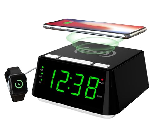 iTOMA Despertador de Carga inalámbrica, Doble Alarma, Snooze, regulador de Brillo, Puerto de Carga USB, Gran Pantalla led, luz Nocturna, Pantalla de Temperatura y Humedad Interior CKS801