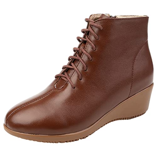 Jamron Mujer Moda Piel Genuina Botas Cuña con Cordones Botines de Invierno con Forro de Cuero Marrón EU37
