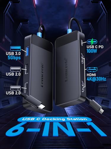 Image of Lemorele USB C Hub 6-in-1 Dual HDMI 4K Docking Station - Long Cable Durable Hub with 100W PD Charging & USB 3.0, Wide Compatibility for Laptop /Gaming /Workstation