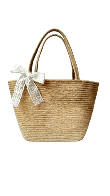 Women Beach Tote boho bags for women with Decorative Lace Bow, Natural Beige