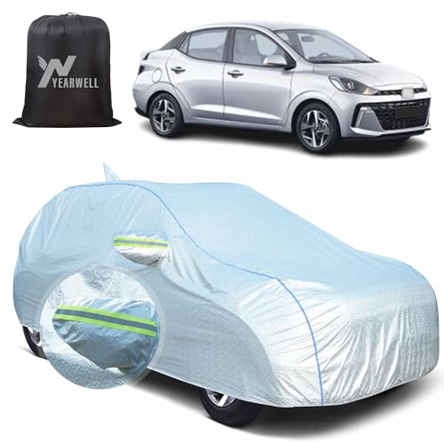 Image of Car Body Cover for Hyundai Aura, 100% Waterproof, Heat-Resistant with Mirror & Antenna Pockets, Soft Cotton Lining, Triple Stitched, Green Reflector (Reflective Silver)