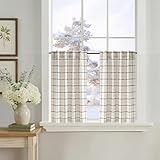 NICETOWN Linen Plaid Curtains 36 Inches Long for Kitchen Half Window, Light Filtering Buffalo Check Gingham Short Curtains for Bathroom, 2 Panels, Rod Pocket Back Tab, 34' W x 36' L, White