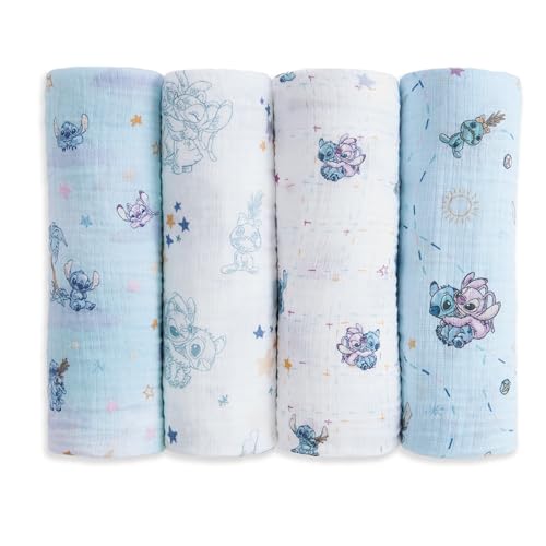 Image of aden + anais Essentials Muslin Swaddle Blankets, Newborn Receiving Blanket for Swaddling, 100% Cotton Baby Swaddle Wrap, 4 Pack, Lilo & Stitch