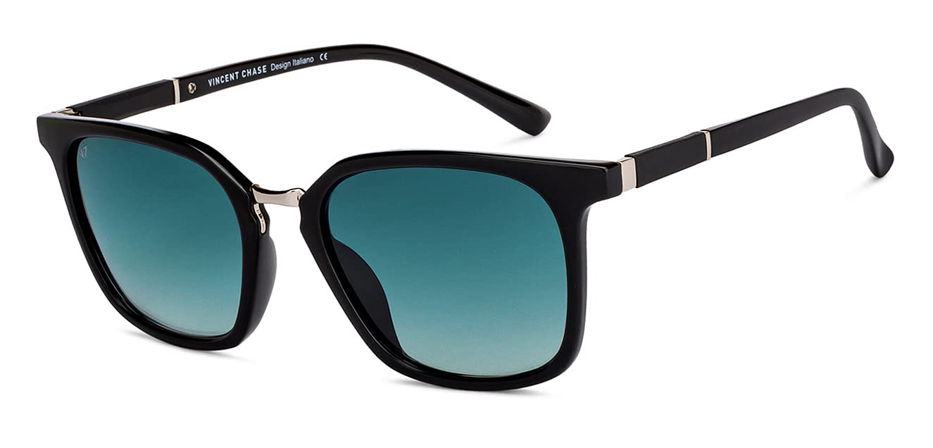 VINCENT CHASE EYEWEAR By Lenskart | Black Silver Green Full Rim Square Branded Latest And Stylish Sunglasses | Polarized And 100% Uv Protected | Men & Women | Large | VC S11110