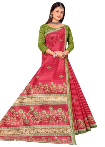 Image of Karishma Pure Cotton Mulmul (Stiff) Saree With Floral Print And Small Border. (Red)