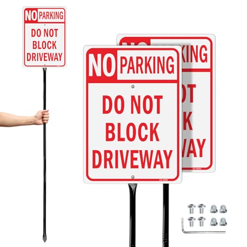 T&R Large No Parking Sign Do Not Block Driveway Sign with 54" Stake - 2 Pack - 14"x10" .040 Rust Free Aluminum, Reflective, Waterproof and Fade Resistant, 2 pre-drilled holes, Includes Matching Screws & Wrench, Easy to Mount
