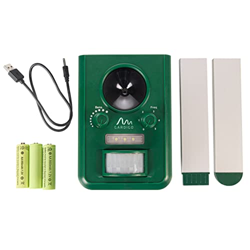 Gardigo Tiervertreiber Ultraschall Solar - 2er Set | Marderabwehr, Katzenschreck mit Blitzlicht | Multifrequenz Gerät, 5 Modi, Gesamtfläche ca. 75m² (ca. 9 m, 110°) | Batterien & USB-Ladekabel