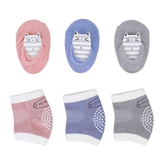 QH-shop 3 Pares Rodilleras para Bebés y 3 Pares Calcetines con Silicona Antisdeslizantes Almohadillas para Niño Rodilla Codo Almohadillas Leg Warm 0-24 Meses