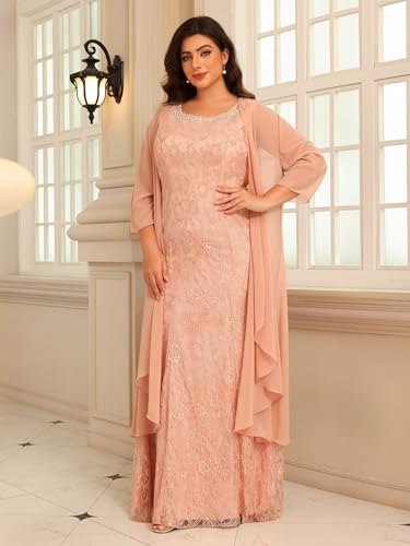 Women's 2 Piece Crew Neck Chiffon Mother of The Bride Dresses with Jacket Sparkly Beaded Formal Evening Party Gown DE3793