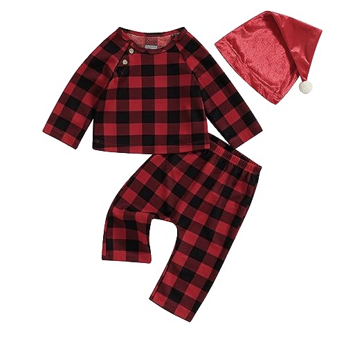 NANYKNIGHTY Baby Girl Boy Winter Outfit Xmas Deer/Santa/Tree Sweatshirt Baby Christmas Pant Set Clothes (Red Grid 3PCS, 18-24 Months)