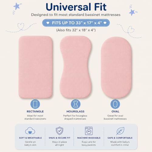Image of 3-Pack Organic Muslin Bassinet Fitted Sheets, Compatible with Halo, Snoo, Graco, Dream On Me, Delta, and Other Standard Size Bassinets - Fits Oval, Hourglass, & Rectangle Shapes (32 x 16 x 4 Inches)