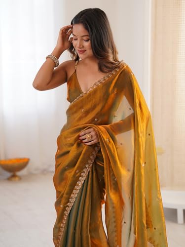 Image of AKHILAM Women's Shimmer Tissue Embroidered Saree With Unstitched Blouse Piece