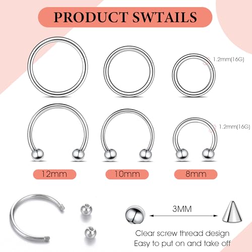 12 PCS 16G Hufeisen Piercing Septum Lippenpiercing 8/10/12 mm Edelstahl Silber Nasenseptum Chirurgenstahl Knorpel Ohrpiercing mit Ersatz Spike für Frauen Männer Verschiedene Größen