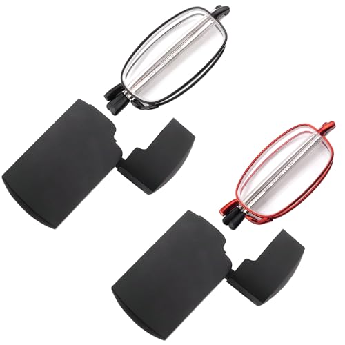 FEIVSN 2 Pack Folding Reading Glasses for Men Women, Foldable Compact Readers with Small Hard Pocket Case Spring Hinge, Black + Red, 2.50