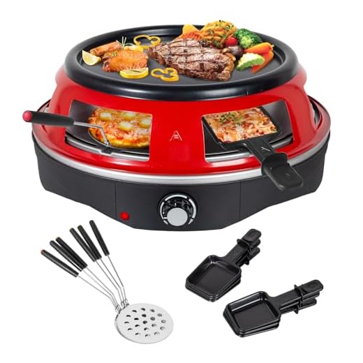 Todeco 3-in-1 Elektrischer Pizzaofen, 1200 Watt, Pizzabackofen für 6 Personen mit 6 Pizzaschaufeln, 6 Käsepfanne, Grillplatte, für Mini-Pizza in Ø 10cm, Grillen und Pfannkuchen, Rot