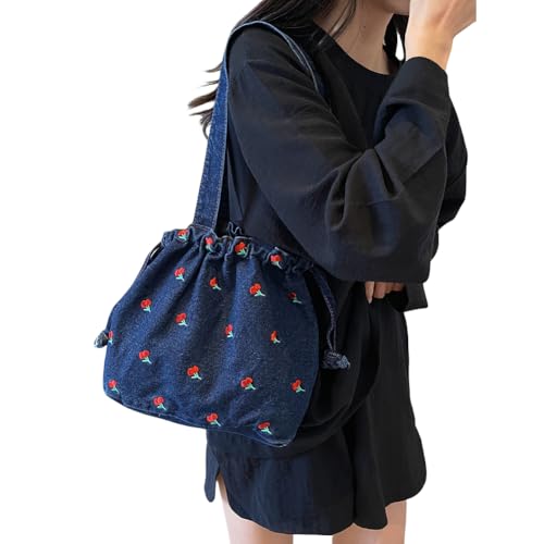 Women Denim Shoulder Bag Embroidered Cherry Underarm Bag Drawstring Handbag Jean Commuting Shopping Bag2