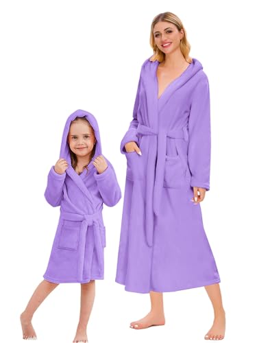 Image of Kids Robe, Warm Fleece Bath Robes with Belt and Pockets Absorbent Plush Flannel Robe for Girls, Purple, US 9-10 Years, CN 150