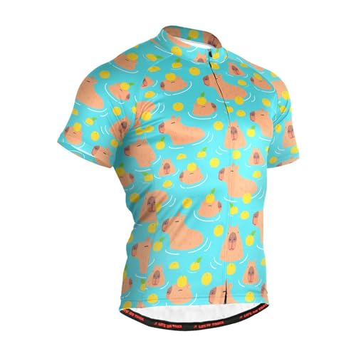 JHKKU Men's Cycling Jerseys Cute Capybara Short Sleeves Bike Shirt Breathable Quick Dry with 3 Rear Pockets S