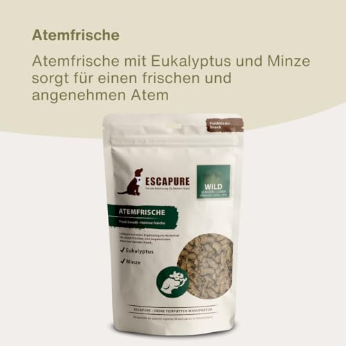 ESCAPURE Atemfrische - Natürlicher Wildfleisch Snack mit Minze & Eukalyptus für Hunde – Premium Protein Leckerli für frischen Atem - Zahnpflege Unterstützung im Alltag (150g)
