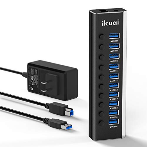 Powered USB Hub 3.0 ikuai Aluminum 10 Port USB 3.0 Data Hub Splitter with 12V/3A 36W Power Adapter and Individual On/Off Switches for Desktop PC Laptop and More