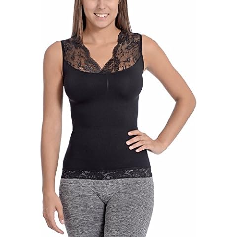 Body Beautiful Shapewear Women's Seamless Tank Top Slimming Lace Trim V-Neck Camisole with Tummy Control Shaping (Black, L/XL) Cover